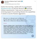 Министр обороны США Ллойд Остин и министр обороны Украины Алексей Резников провели разговор, во время которого обсудили военные нужды Украины