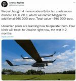 Литовский ведущий Андрюс Тапинас сообщил, что они приобрели для ВСУ современные разведывательные дроны эстонского производства EOS C VTOL общей стоимостью 990 тыс. евро
