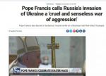 Папа Римский Франциск в четверг осудил «вооруженное завоевание, экспансионизм и империализм» и назвал вторжение Путина в Украину «жестокой и бессмысленной агрессивной войной»