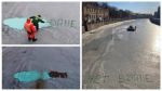В Санкт-Петербурге коммунальники красят лед, чтобы убрать запрещенный в России лозунг «Нет войне». Фото